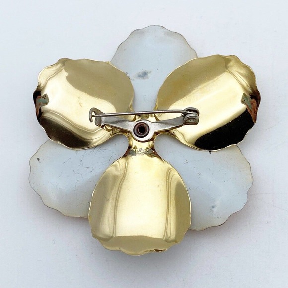 Vintage Orange Enamel Gold Tone Flower Brooch Dimensional Retro 50s 60s 2.5" - Picture 2 of 5